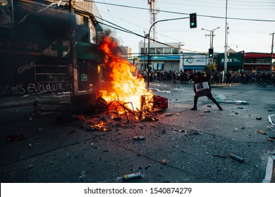 QUILPUE, CHILE - OCTOBER 20, 2019 - Barricades during protests of the "Evade" movement against the government of Sebastian Pinera