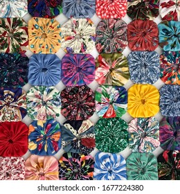 Quilt Button Style Yo Yo Flower Vintage Pattern In Colorful Fabric Arrangment