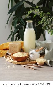 Quimper Brittany France - November 10 2021: Marseille Soap Bar, Pure Soap Flakes, Baking Soda, Cotton Towel, Clothes Peg, Potted Plants And Home Made Laundry Detergent In The Glass Bottle.