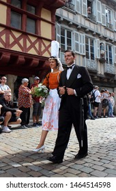 Quimper, BrittanyFrance- July 28, 2019 : The annual Festival de Cornouaille in the city of Quimper. The Festival of traditional dance, music, storytelling, food, and culture