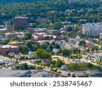 Quincy historic city center aerial view including Bethany Congregational Church and Thomas Crane Public Library at 40 Washington Street in Quincy, Massachusetts MA, USA. 