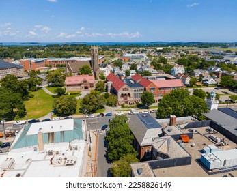 Quincy historic city center aerial view including Bethany Congregational Church and Thomas Crane Public Library at 40 Washington Street in Quincy, Massachusetts MA, USA.  - Shutterstock ID 2258826149