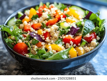 Quinoa salad with mixed greens and assorted vegetables, presented in a bowl, top-down view, vivid composition showcasing fresh ingredients. - Powered by Shutterstock