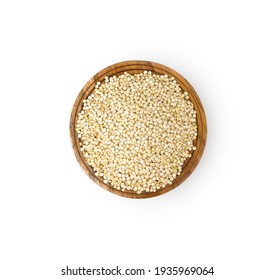 Quinoa seeds in wooden bowl isolated on white background with clipping path, top view