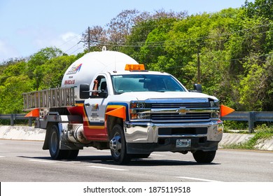 Quintana Roo, Mexico - May 17, 2017: White Gas Truck Chevrolet Cheyenne At The Interurban Road.