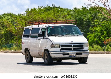 Quintana Roo, Mexico - May 18, 2017: Old White Van Dodge Ram Van At The Interurban Road.