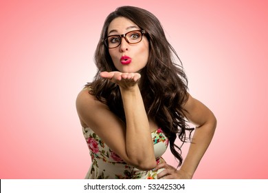 Quirky Cute Girl Female Blowing Kisses Unique Fun Personality Glasses Girl Next Door