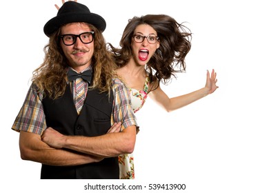 Quirky Fun Couple In Strange Style Clothing Playful Laughing Playing Humorous Friends