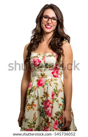 Quirky unique woman in dress and glasses with retro vintage style, humble and reserved