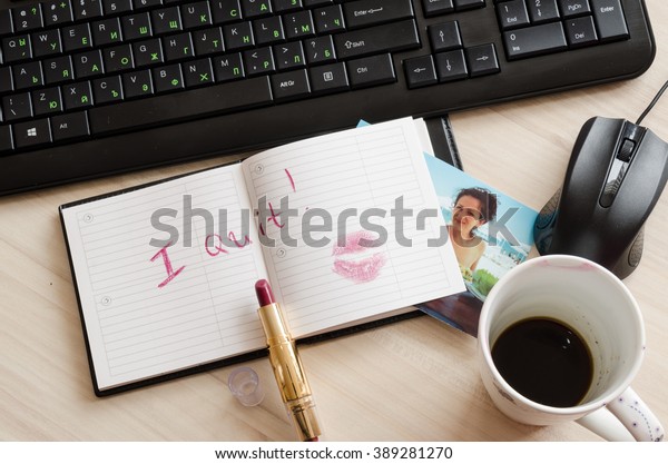 I quit my office job , office table with coffee\
notebook keyboard and make up