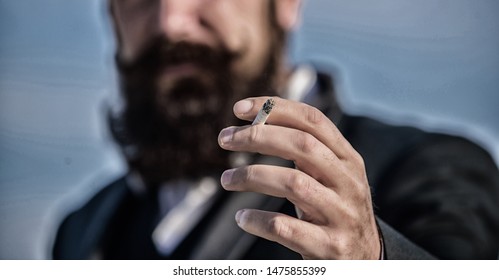 I quit smoking. Blurred usinessman against the sky. Future success. Male formal fashion. Bearded man smoking cigarette. smoke. brutal caucasian hipster with moustache. Mature hipster with beard. - Shutterstock ID 1475855399