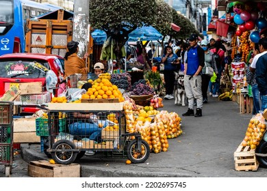 Quito, Ecuador. 29th August, 2022: People Selling Fresh Fruit At Quito Street Stalls