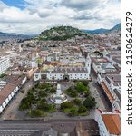 Quito, Ecuador: Aerial view of the Plaza Grande in the heart of Quito historic city center in Ecuador capital city with the El Panecillo hill in the background