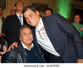 Quito - Ecuador. April 2, 2017. Ecuadorian President Rafael Correa Hug Ecuadorian Politician Lenin Moreno