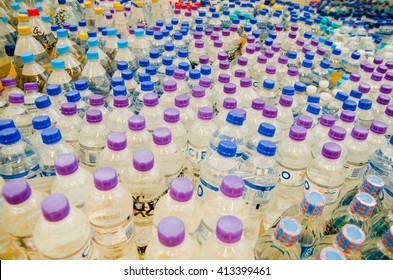 Quito, Ecuador - April 23, 2016: Water Donated By Citizens Of Quito Providing Disaster Relief For Earthquake Survivors In The Coast. Gathered At Bicentenario Park