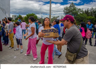 Quito, Ecuador - April,17, 2016: Unidentified Citizens Of Quito Providing Disaster Relief Food, Clothes, Medicine And Water For Earthquake Survivors In The Coast