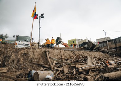 Quito, Ecuador; February 04 2022: Remains Of Debris At Ground Zero Product Of The Alluvium.