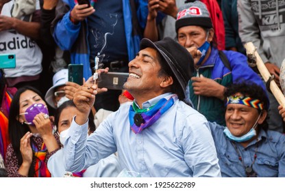 Quito, Ecuador - February 26, 2021: Presidential Candiate Yaku Pérez Celebrates His 52nd Birthday With His Supporters While Disputing Election Results.