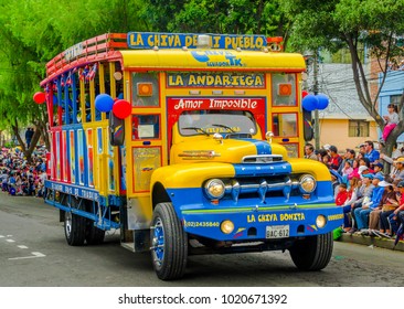 Quito, Ecuador - January 31, 2018: Outdoor View Of A Colorful Chiva Buses Are Important Part Of Rural Public Transport And Some Night Parties In Quito, Ecuador