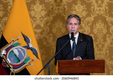 Quito, Ecuador - October 19, 2021: US Secretary Of State Antony Blinken Responds To Reporter's Questions During His Official Visit To South America.