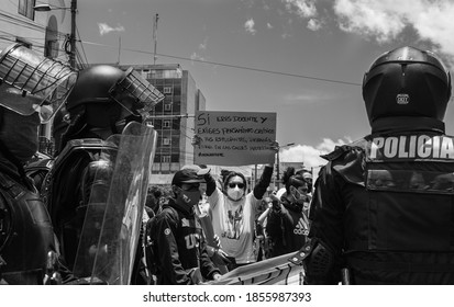 Quito, Ecuador - September 14, 2020: A Student-teacher March In Quito Rejecting A Proposed Education Budget Cut.