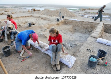 QUMRAN, ISR - DEC 14 2008:Archeological dig at the caves of Qumran site.The Dead Sea Scrolls were discovered in eleven caves in Qumran near the Dead Sea between the years 1947 and 1956.