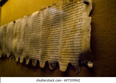 QUMRAN, ISRAEL - JANUARY 28: Dead Sea Scrolls, Qumran Caves Scrolls, manuscripts found near the Dead Sea in the Qumran Caves, Israel on January 28, 2017