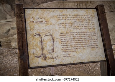 QUMRAN, ISRAEL - JANUARY 28: Information board of Scrolls Cave near the Dead Sea in Qumran National Park, Israel on January 28, 2017