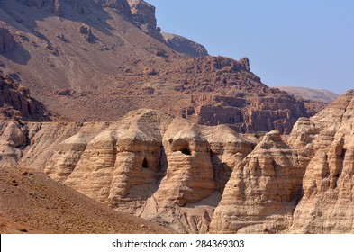 QUMRAN,ISR - APR 16 2915: Qumran caves in Qumran National Park near the Dead Sea, Israel. It's the place where the Dead Sea Scrolls discovered between 1946 and 1956.