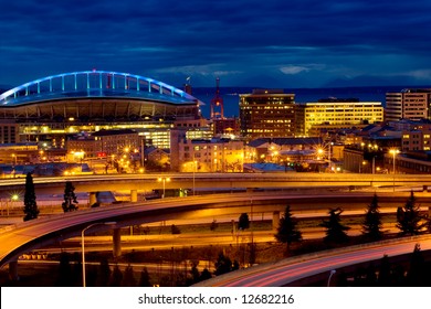 Qwest Field Arena And Interstate I-5 At Night In Seattle, Washington