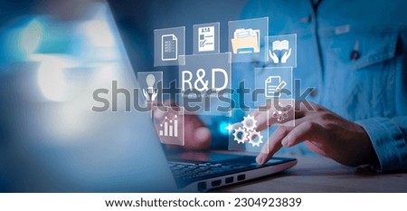 R and D, Research and development. Businessman working with r and d sign. R D icon network business technology concept, strategy, action plan, manage and working project more efficiently. Photo stock © 