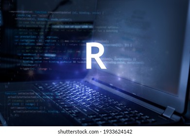 R programming language inscription against laptop and code background. Learn r, computer courses, training. 