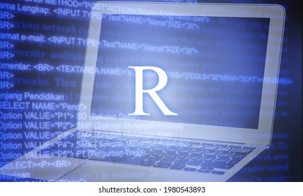 R Programming Language Inscription Against Laptop Computer And Code Background.