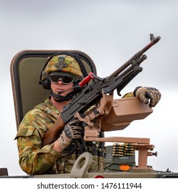 RAAF Williams, Point Cook, Australia - March 2, 2014: Royal Australian Army Soldier With Large Machine Gun. 