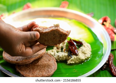 Raagi Dosa Or Millet Dosa, South Indian Famous Breakfast Served In Banana Leaf With Coconut Chutney