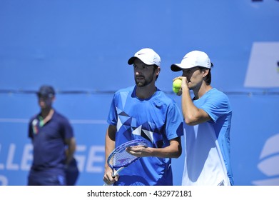 RAANANA, ISRAEL - April 02, 2016: Professional tennis players Konstantin Kravchuk and Denys Molchanov at the final match during the ATP Challenger Tour (Double, Hard) 2016 at Raanana, Israel