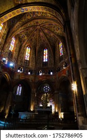 Rabastens, France - July 2018 - Richly Painted Nave And Glass Stained Windows Inside The Southern Gothic Church Of Notre-Dame Du Bourg, A Medieval UNESCO World Heritage Site On The Way To Saint James