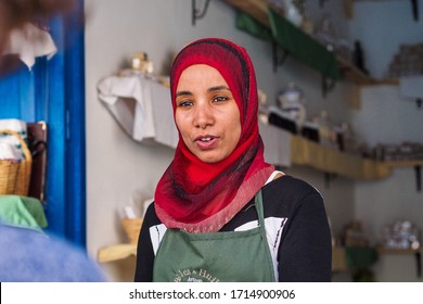 Rabat, Morocco - Oct 13, 2019: A Moroccan Woman Selling Fruits And Herbs At The Busy Outdoor Market In Rabat, Morocco