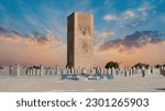 Rabat, Morocco - September 2022: Hassan tower at Mausoleum of Mohammed V, built to honor the memory of the late King Mohammed V during sunset.