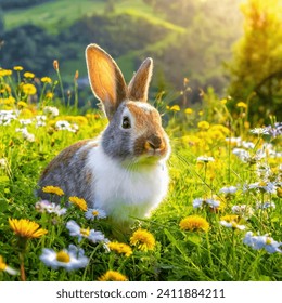 Rabbit, A cute rabbit gazing in grassland in happy mode 