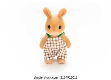 Rabbit doll isolated on white background. Miniature dollhouse toy. Kids toy. Animal character. Play and learn. Kids room. Childhood. Kindergarten toy. Developmental toys.  - Shutterstock ID 2184926011
