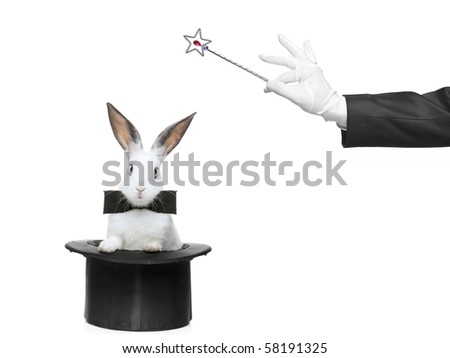 A rabbit in a hat and hand holding a magic wand isolated on white background