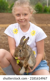 Rabbit Summer Outdoor Little Girl Day White Playing Kid People, Concept Funny Cute In Person And Fur Garden, Play Hand. Holding Nose Outside,