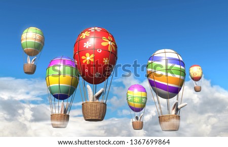 Rabbits flying in Easter eggs air balloons against clear sky (path included)