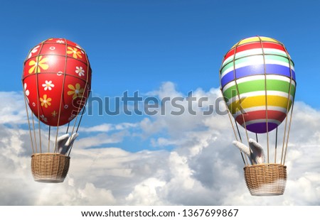 Rabbits flying in Easter eggs air balloons against clear sky (path included)