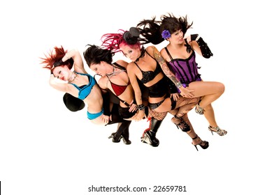 Rabble rousing group of burlesque dolls dancers