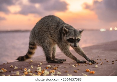 A raccoon eats popcorn at sunset on the pier in the port city of Tampico in Tamaulipas.