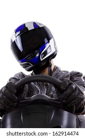 Race Car Driver Wearing Protective Leather And Helmet