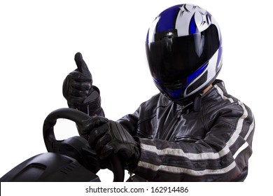 Race Car Driver Wearing Protective Leather And Helmet