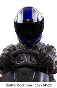 race car driver wearing protective leather and helmet